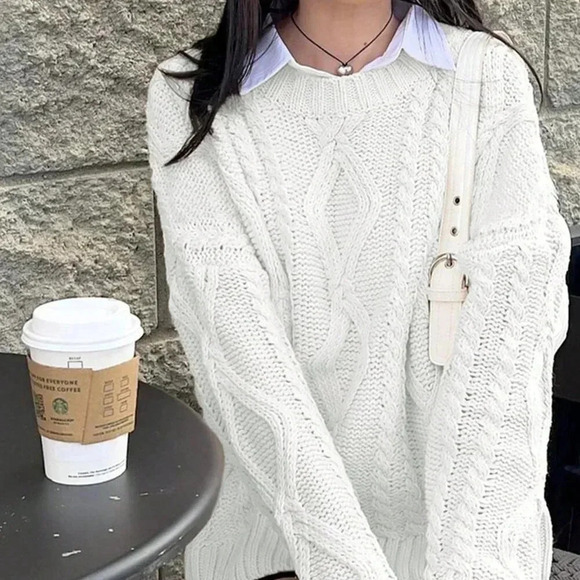 White Casual Women's Deep Round Neck Cable Knit Loose Pullover Sweater - Picture 6 of 7